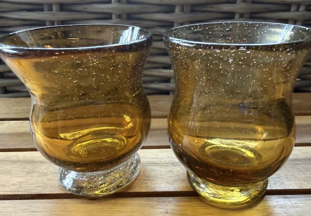 Hand blown Heavy Amber Art Glass Votive Holders Tea Light Set Of Two 4”